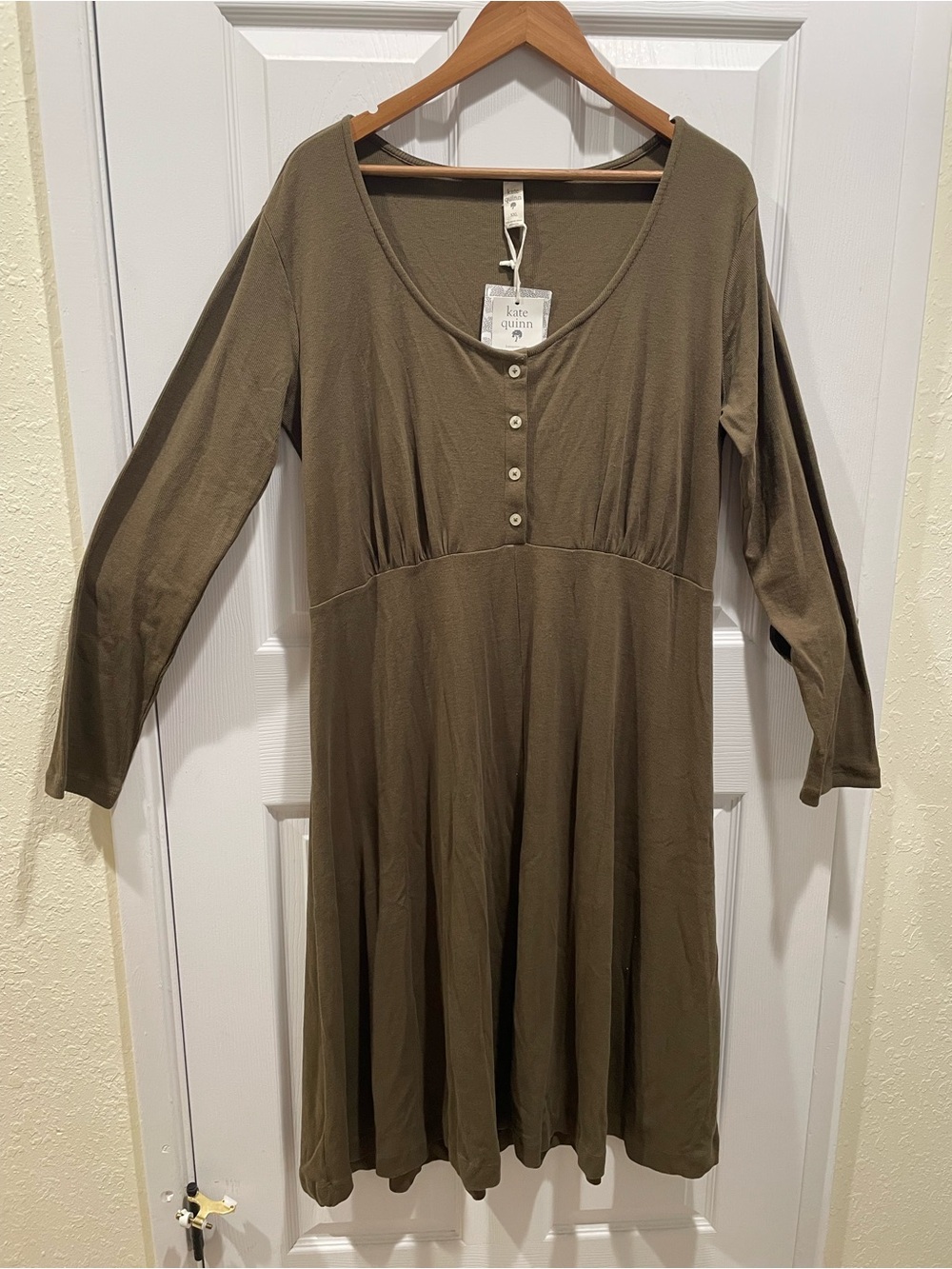 NWT Organic Cotton Henley Long Sleeve Midi Dress XXL Olive Green